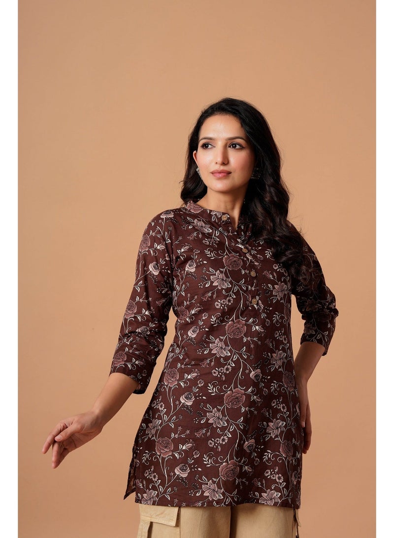 Aasira Brown Floral Printed Short Kurti for Women - Image 1